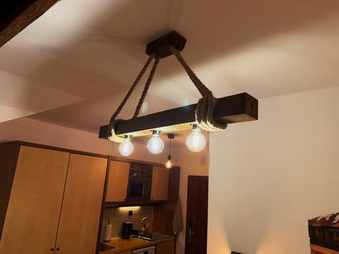 The beam lamp on ropes with the wardrobe, kitchenette and entrance door behind it